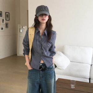 韓版收腰顯瘦條紋長袖襯衫上衣-兩色