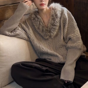 法式高級感氣質蝙蝠袖V毛領針織加厚毛衣