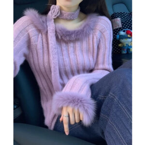 時尚紫色毛毛邊針織上衣