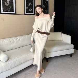 氣質時尚套裝2025秋冬新款寬鬆女裝針織衫鬆緊腰半身裙配腰帶