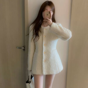 氣質圓領單排釦收腰顯瘦毛呢外套-三色