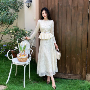 甜美小香風水溶性蕾絲套裝-三色