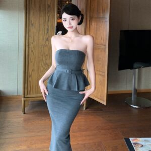 跨境性感時尚套裝2025秋冬新款平口上衣修身開衩+半身裙