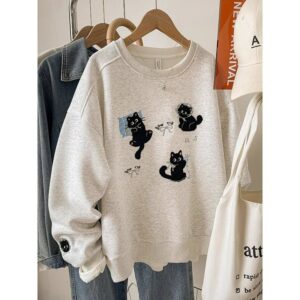 可愛貓咪圖案灰白色T恤上衣