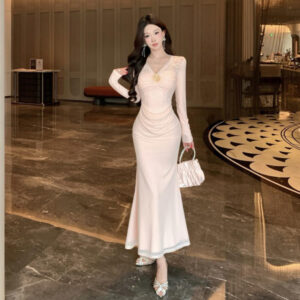 粉色美人魚出沒~甜美收腰顯瘦蕾絲皺褶修身魚尾裙洋裝