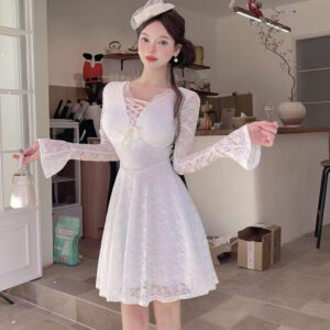 法式浪漫性感鏤空V領蕾絲連身大擺裙