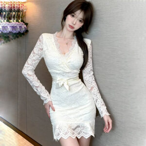 婚禮演奏 性感V領鏤空蕾絲包臀洋裝